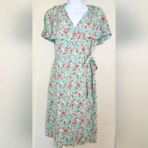 Ditzy Floral Women's Wrap Dress M Aqua Pink Brown‎ Romantic Ethereal Cottage